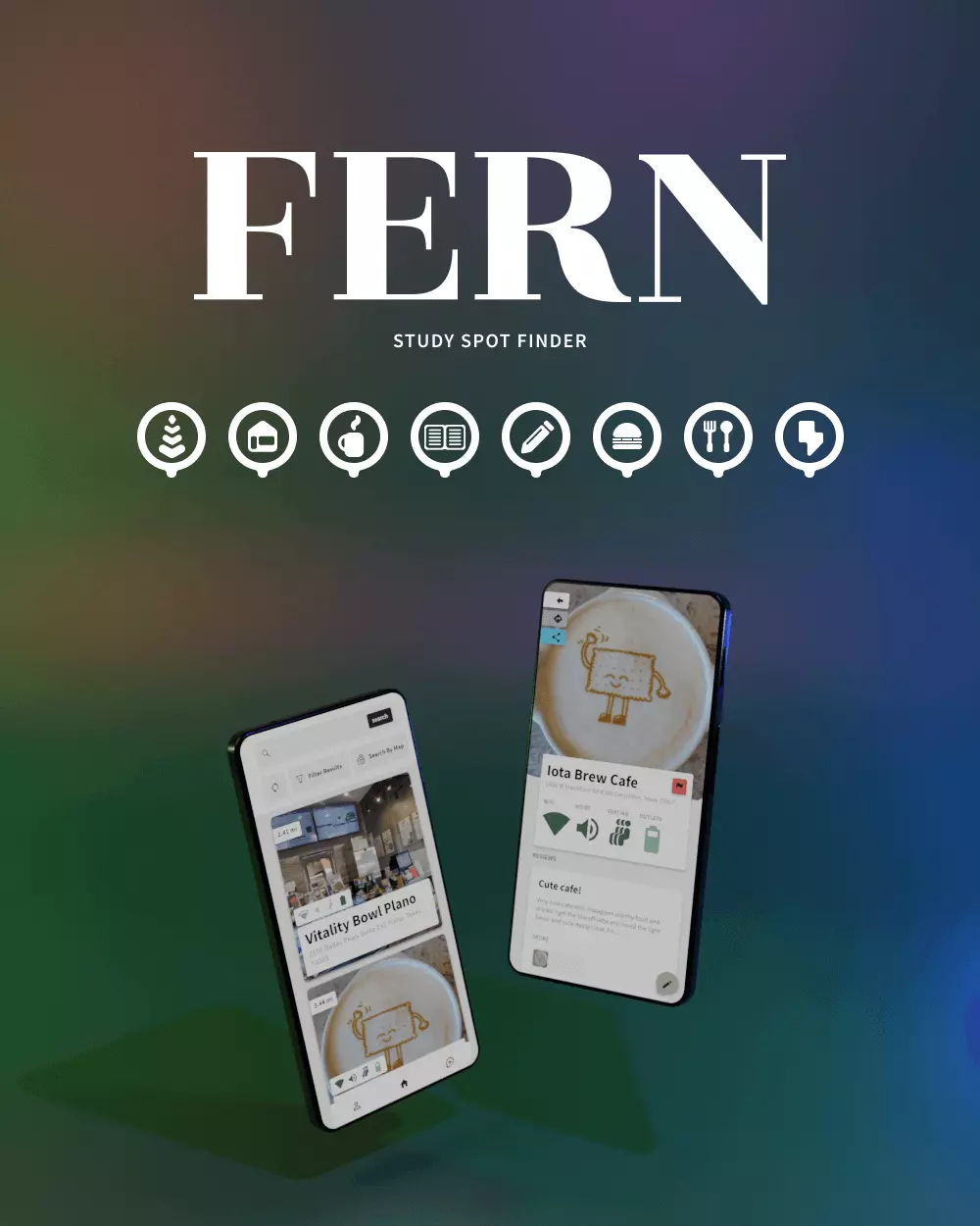 Mockup of Fern Study Spot Finder App on a mobile device.