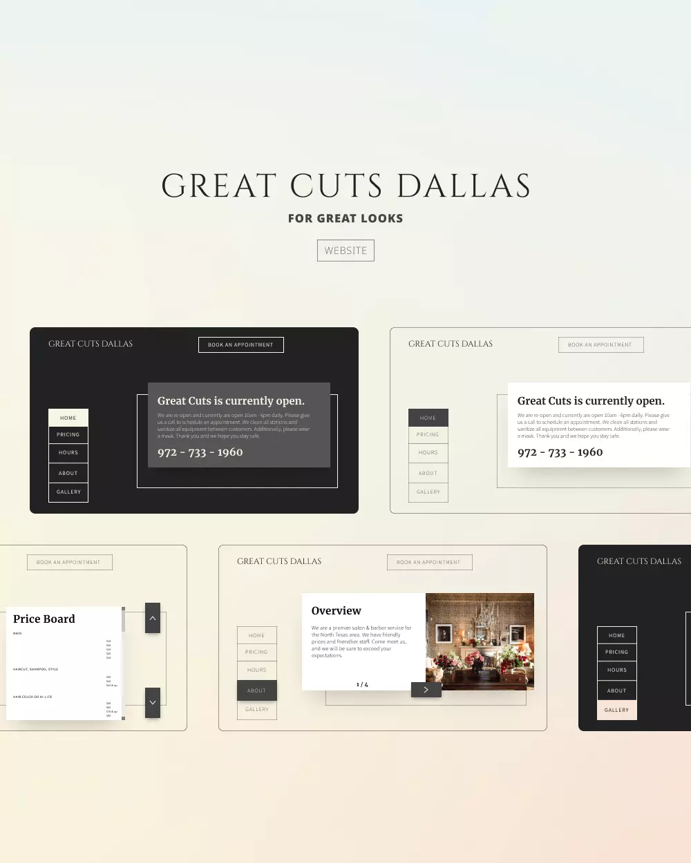 Series of mockups for Great Cuts Dallas website.